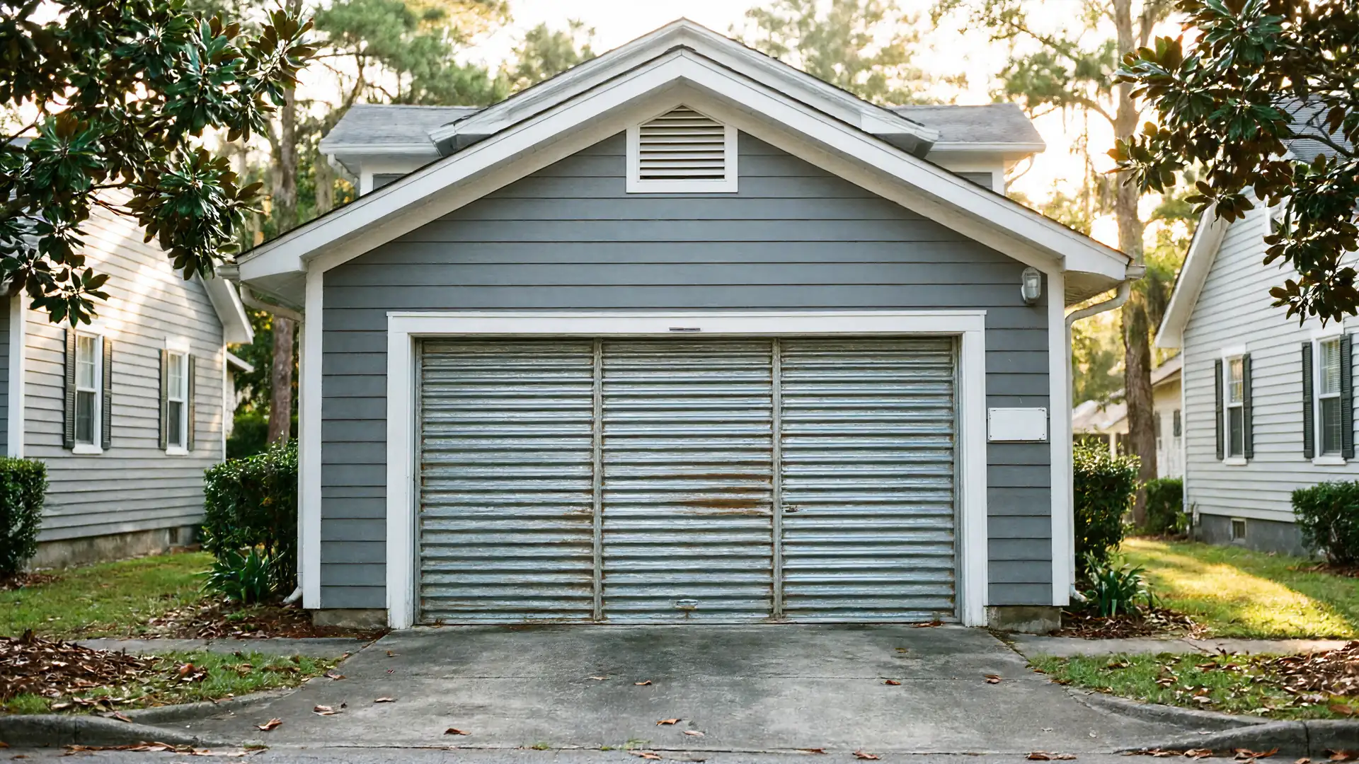 The gray garage has a rusty, corrugated metal roll-up door.