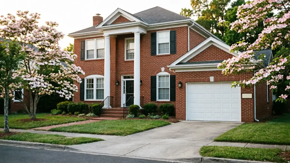 A red brick house with a white garage door and blooming trees.