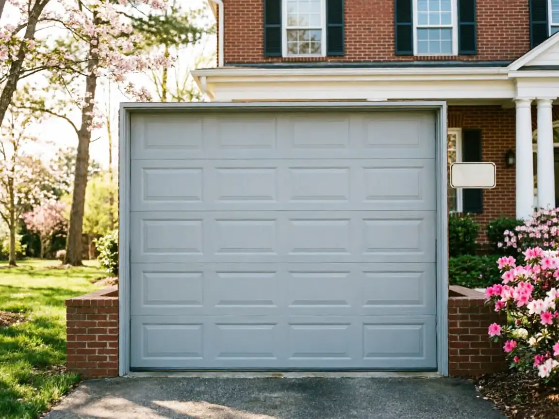 A light gray garage door is closed on a brick house with pink flowers.
