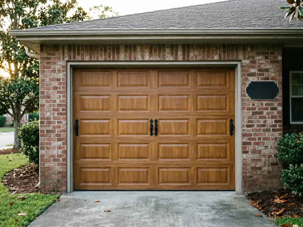 The house has a brown garage door with decorative black handles and a brick facade.